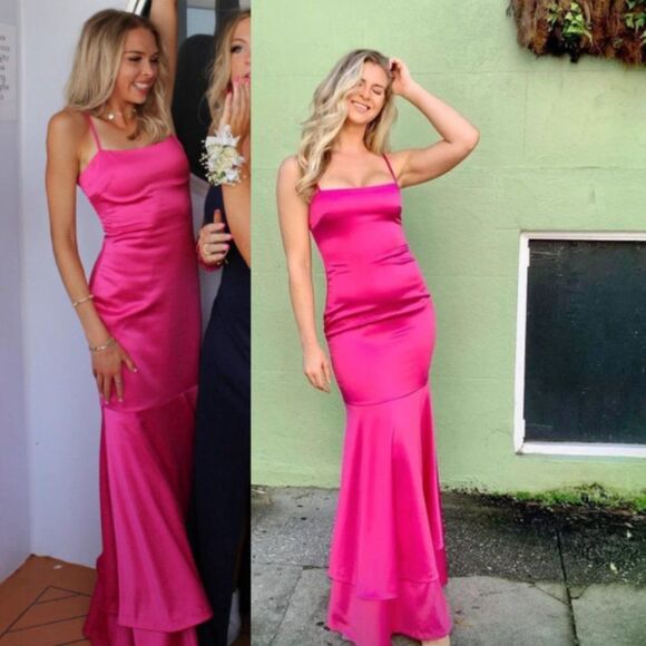 New Likely Aurora Gown Spaghetti Strap Tiered Maxi Dress Fuchsia Pink Satin 8 - Picture 1 of 10
